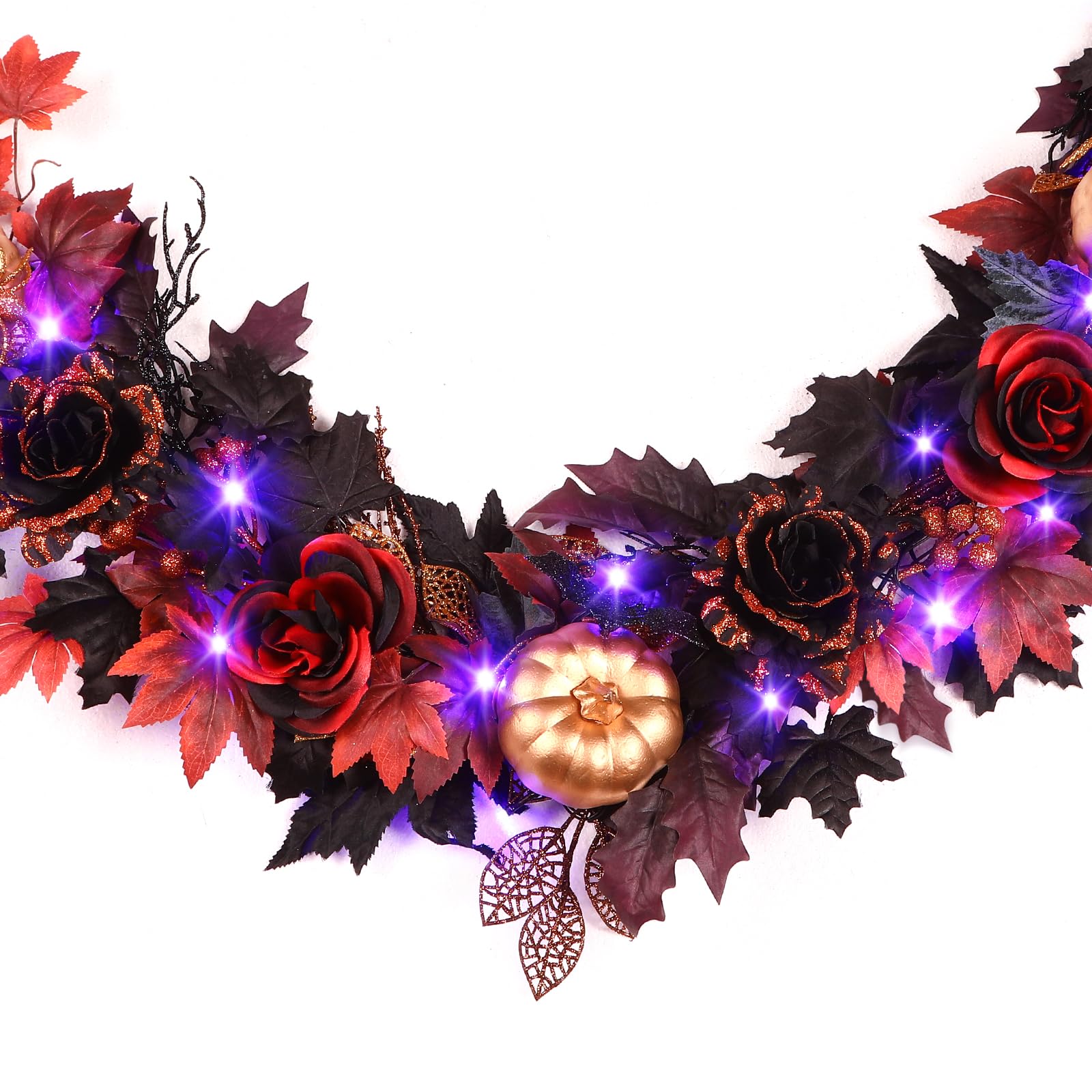 shareconn 6ft halloween garland with purple lights battery operated and timer, pre-lit black red maple leaves lighted garland decorations for fireplace mantle centerpiece indoor outdoor decor, 6 ft