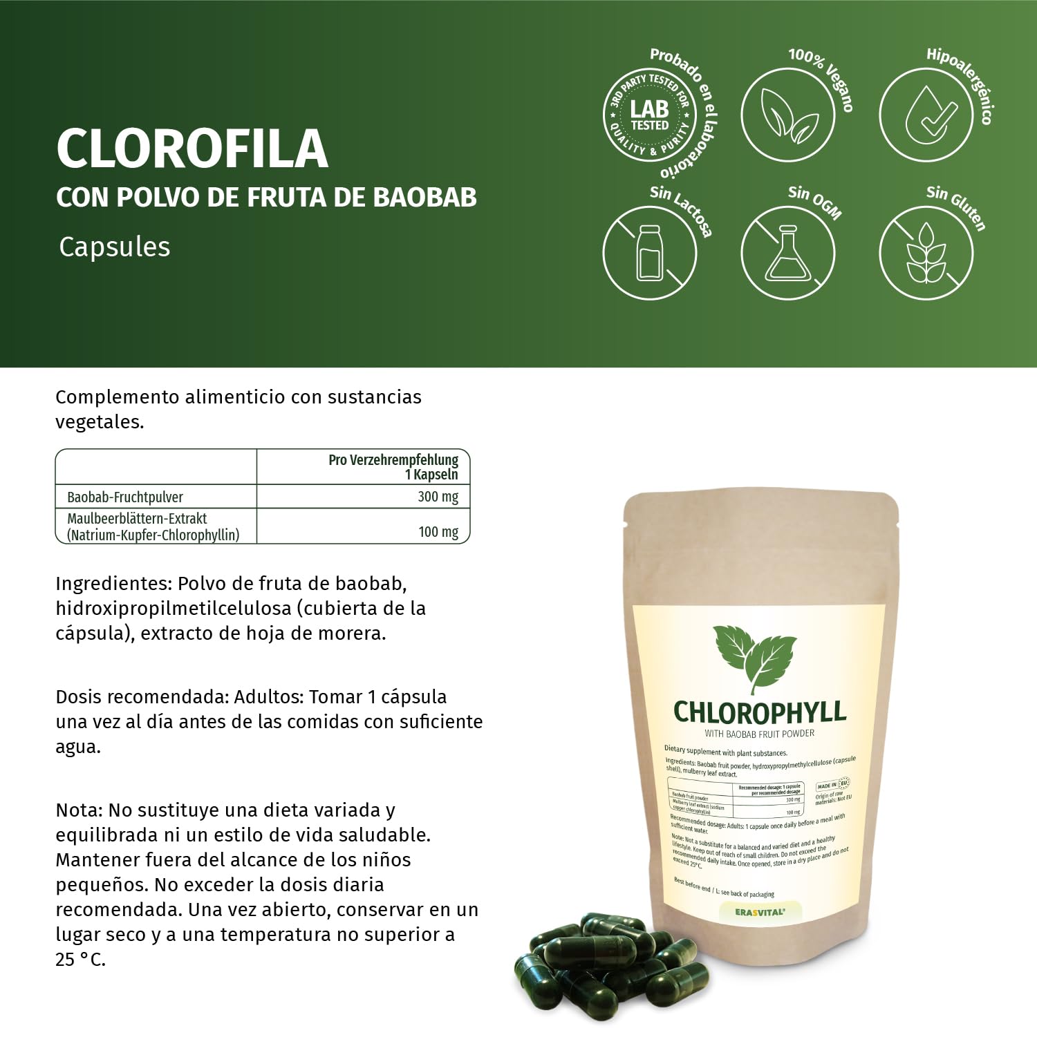 Chlorophyll 90 Kapseln - Pflanzenkraft aus Maulbeerblättern und Baobab-Fruchtpulver - Vitalstoff-Formel für Balance und Wohlbefinden, ohne Zusatzstoffe, laborgeprüft, vegan.