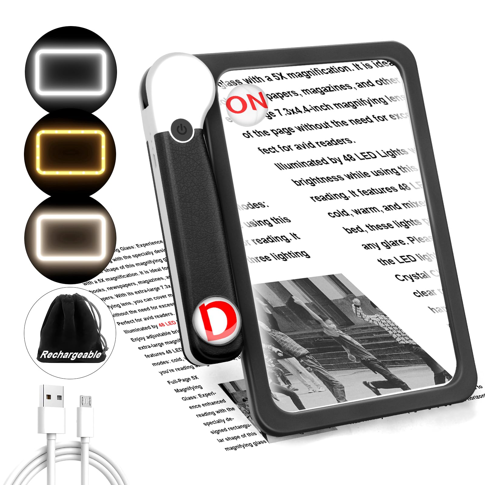 30X 10X 5X Large Magnifying Glass with Light, Rechargeable Foldable Full Book Page Magnifier, 48 LED Light Small Print Magnifier Sheet Lightweight for Low Visual Person Seniors Black
