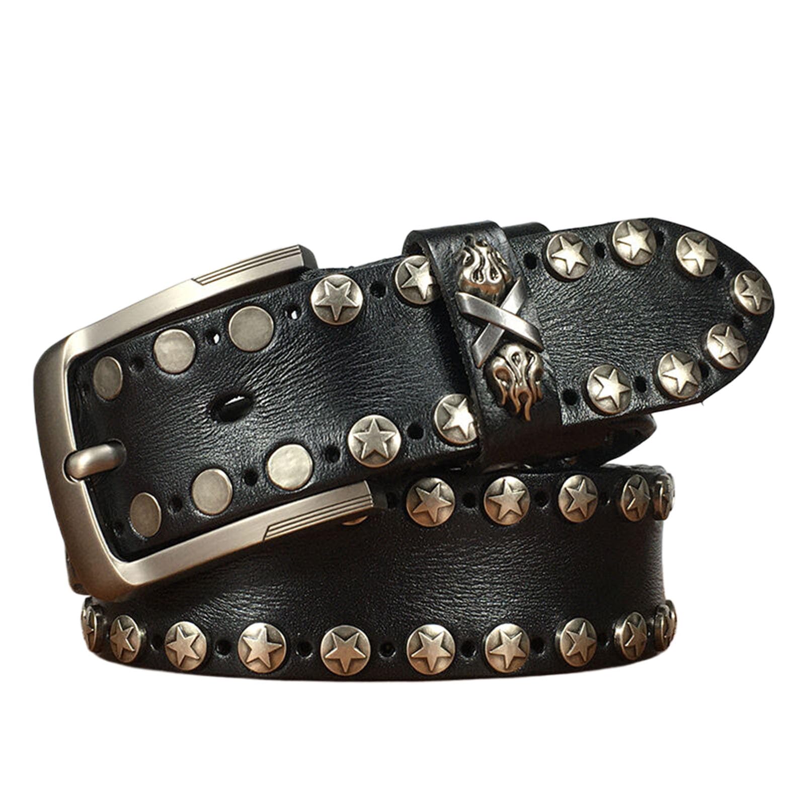 Jiary Unisex Black ,120Cm/47.3'',Mens Studded Belt, Leather Biker Round Rivet Punk Belt For Men Casual With Metal Alloy Pin Buckle
