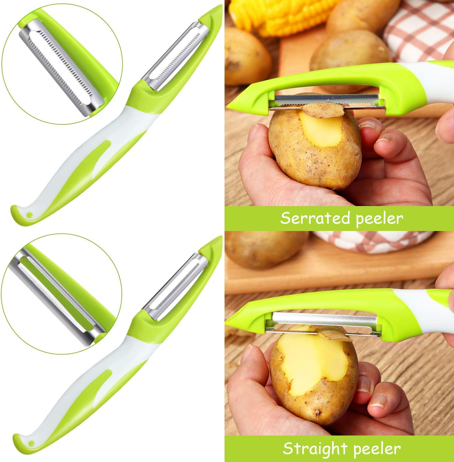 Mudder 3 Pieces Multi-Function 3-in-1 Vegetable Peeler Rotary 3-in-1 Peeler Serrated Fruit Peeler Straight Peeler Julienne Peeler Stainless Steel Vertical Peeler for Fruit Slicer Kitchen Tool
