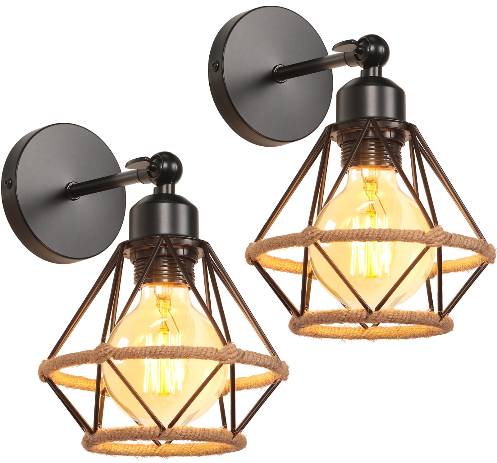2 Piezas Lámpara de Pared Vintage Industrial Aplique Pared Interior E27 Metal con Cuerda de Cáñamo Retro Luz de Pared Ajustable Retro Iluminación para Dormitorio Pasillo Cocina (Aplique - 2 piezas)