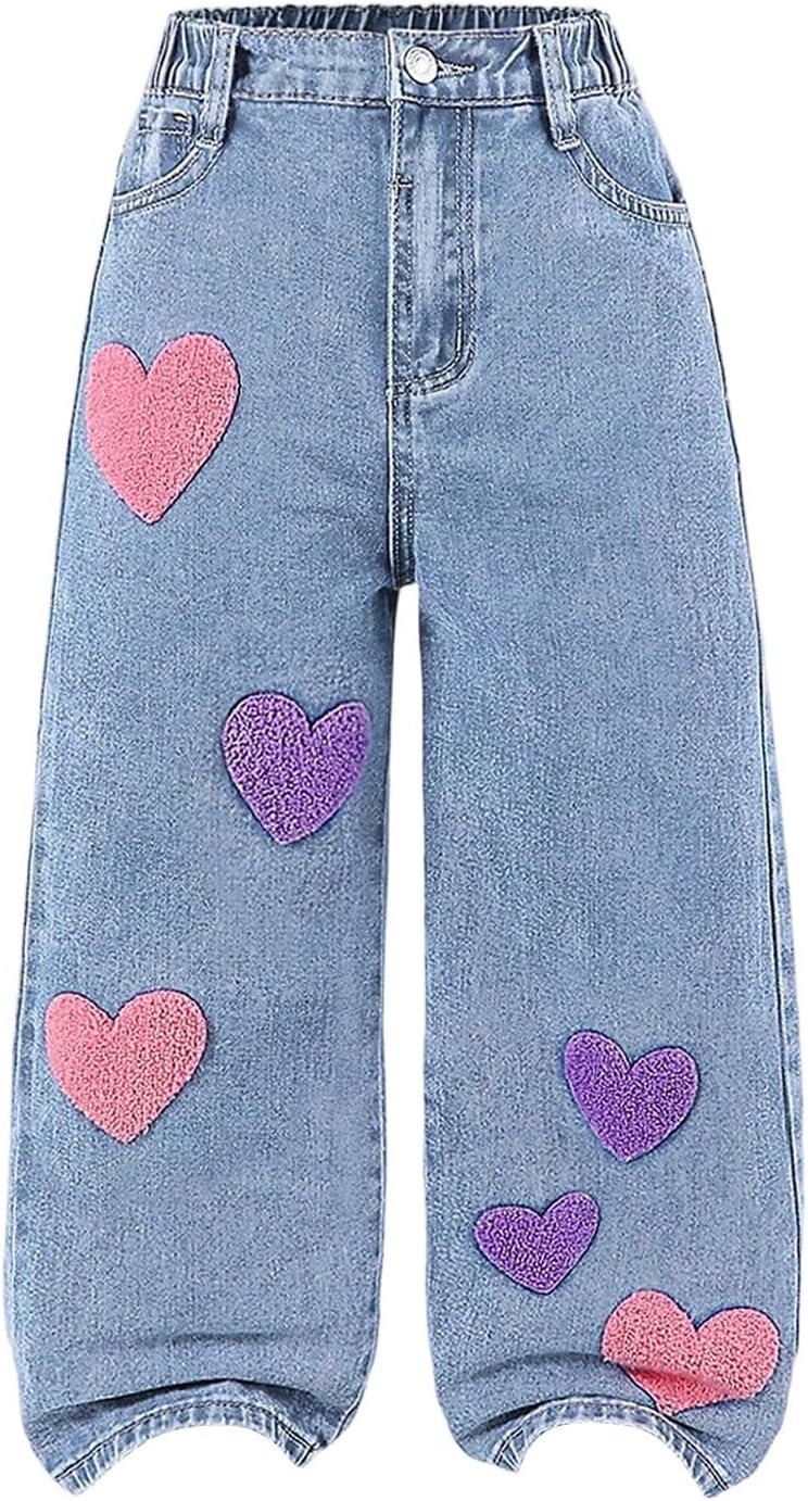 SOLY HUX Toddler Girl's Cute Heart Embroidery Jeans High Elastic Waist Wide Leg Denim Pants