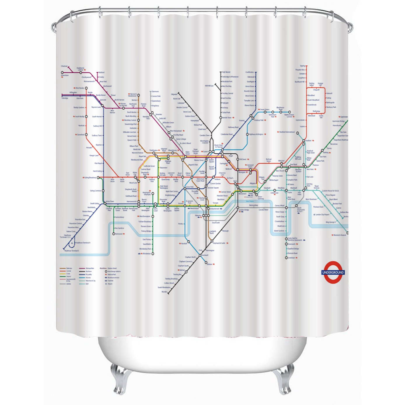 tatawu London Underground Tube Map Shower Curtain, waterproof and antifungal Polyester Shower Curtain, Machine Washable, 71x71 inches(180cmx180cm) with 12 Holes