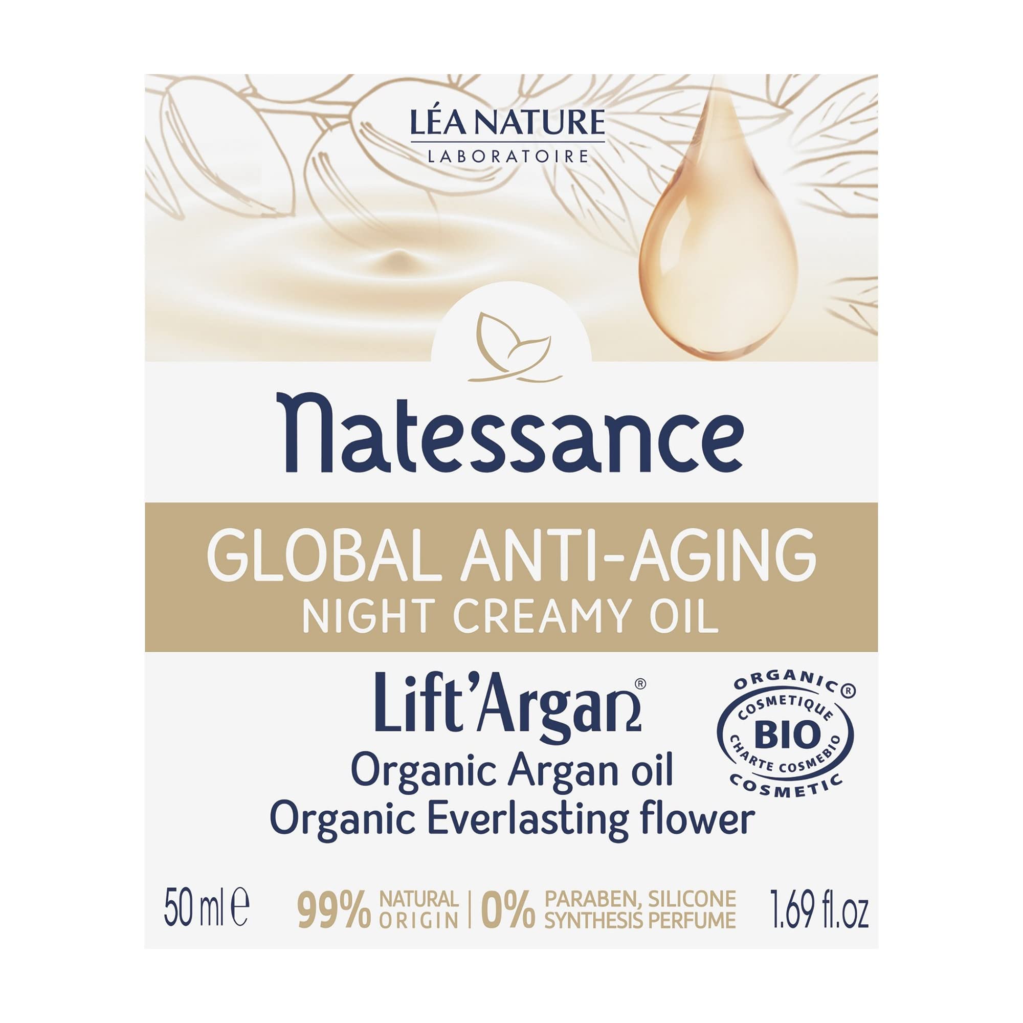 Natessance | Crème-Huile Nuit Anti-Âge Global – Lift’Argan | Lutte contre le vieillissement cutané : rides, fermeté, éclat | Tous types de peaux | 98% d’origine naturelle| Certifié Bio |50 ml