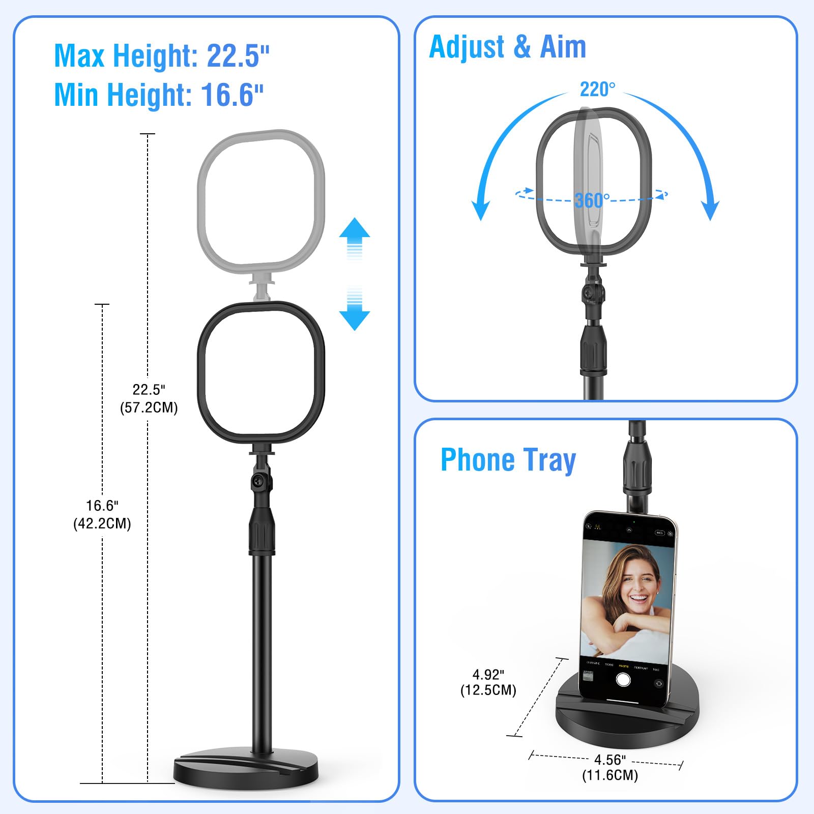 RealPlus Lampada LED Per Streaming E Videoconferenze – Supporto Telescopico, 5 Temperature E 10 Luminosità, Base Per Smartphone, Memoria, USB