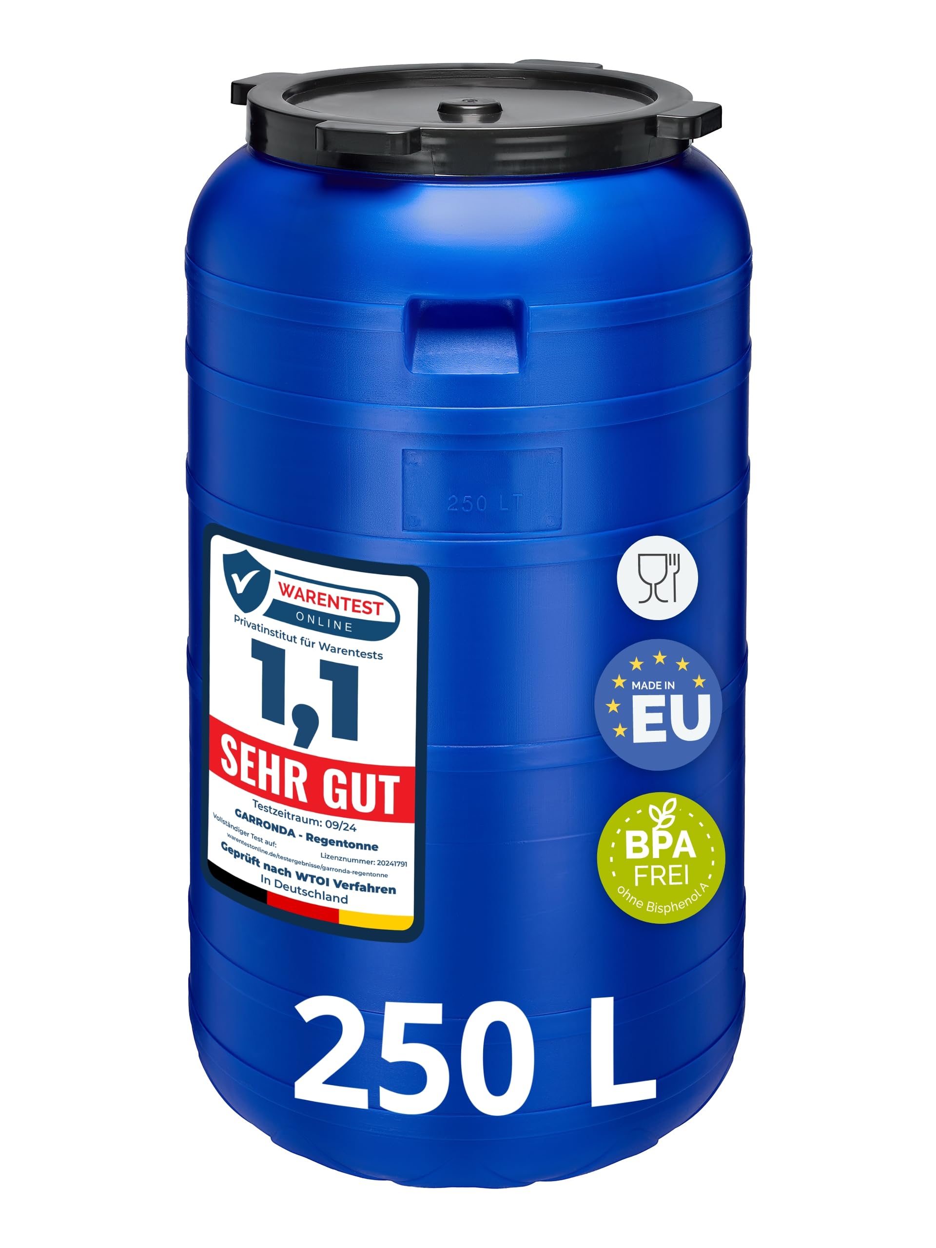 Garronda 250 Liter Weithalsfass BPA-frei Futtertonne Fass Universalfass Lebensmittel Fass Regenfass für Garten Regentonne mit Deckel Regenwassertonne für Garten Wassertonne GD-0093 Blau