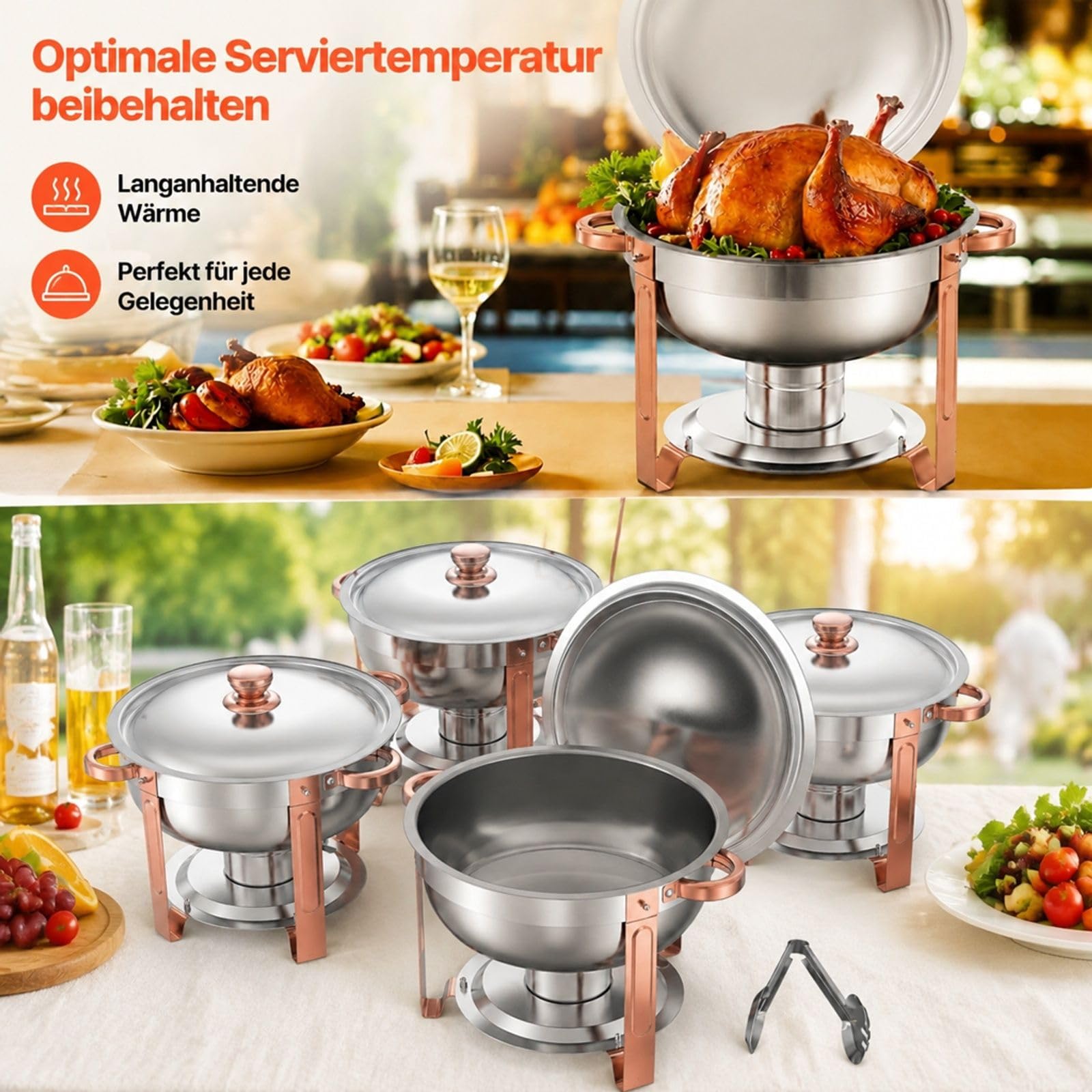 Chafing Dish Set aus Edelstahl, 4 Stück 4,7 L in Roségold mit Deckel für Buffet und Catering