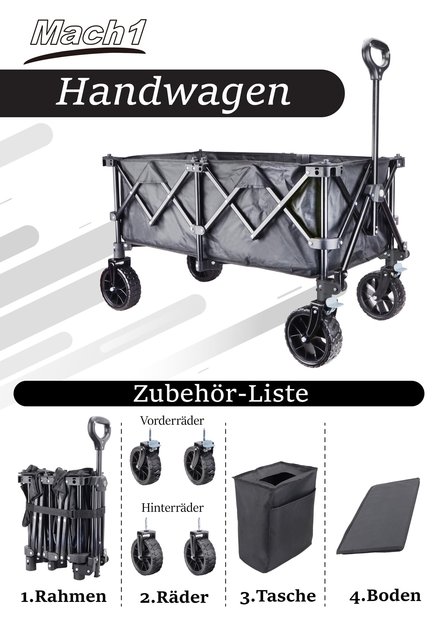 Mach1 Chariot à Bras Pliable Noir Chariot de Transport Peu encombrant Chariot à Bras très Grande capacité de Charge 120 kg