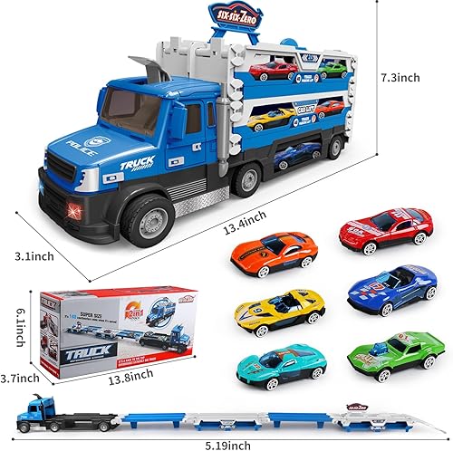 Miniatura 6 de Camión transportador de juguetes para niños, auto plegable de 4.6 pies de expulsión de pista y 6 autos de carreras de metal con luz y sonidos,