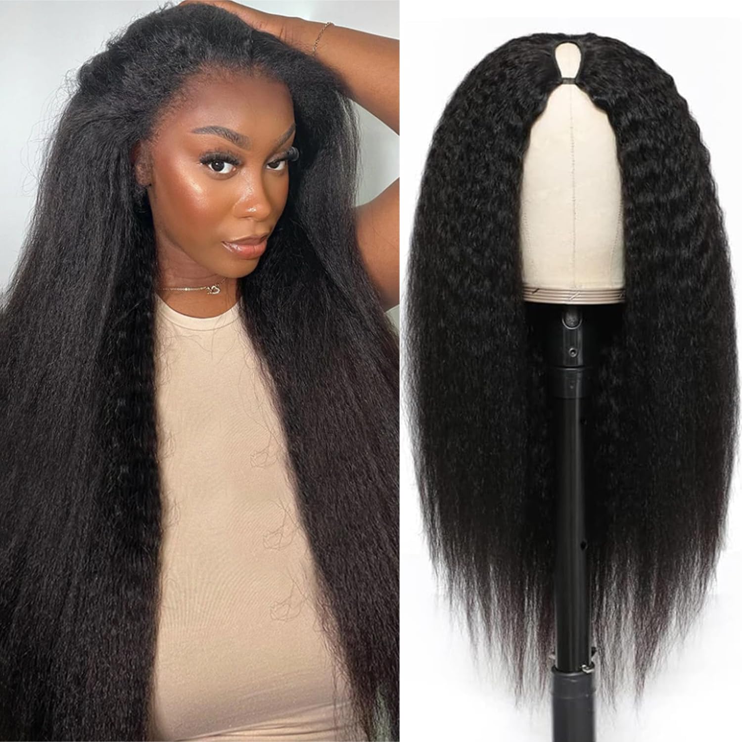 U Part Human Hair Wig Kinky Straight U Part Wig Human Hair for Black Women Glueless Wigs Clip Upgrade Natural Hair Wigs Beginner Friendly 150% Density 30 inch