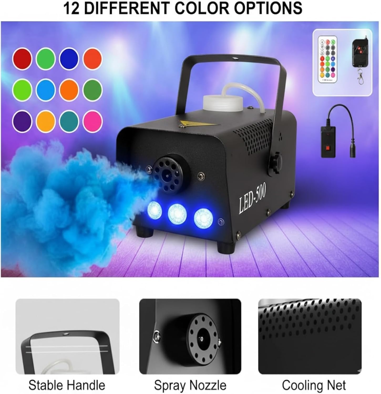 Nebbia Macchina del Fumo 500W con 3 LED RGB, Mini Portatile con 2 Telecomandi, Automatica, 300ml Serbatoio per Halloween Matrimonio DJ Feste Discoteca Palco (B)