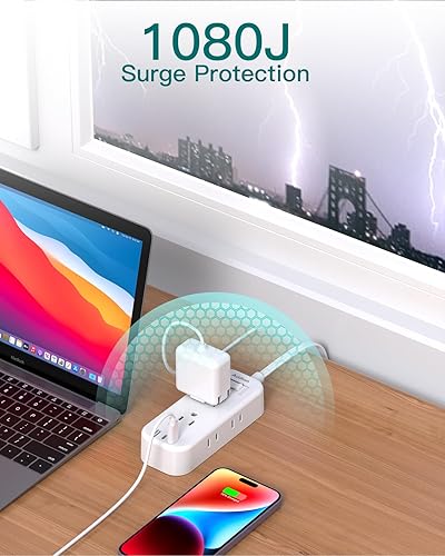 Miniatura 10 de Regleta de alimentación de viaje con USB, cable de extensión de enchufe plano, 6 tomas, 3 puertos USB (2 USB-C), extensor de salida con cable de