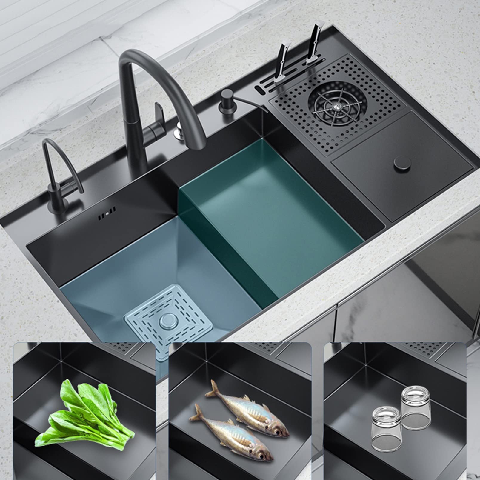 Lavello da Cucina in Acciaio Inossidabile Fatto A Mano, Lavello Ad Alta Pressione con Rubinetto + Lavatrice per Bicchieri sul Palco