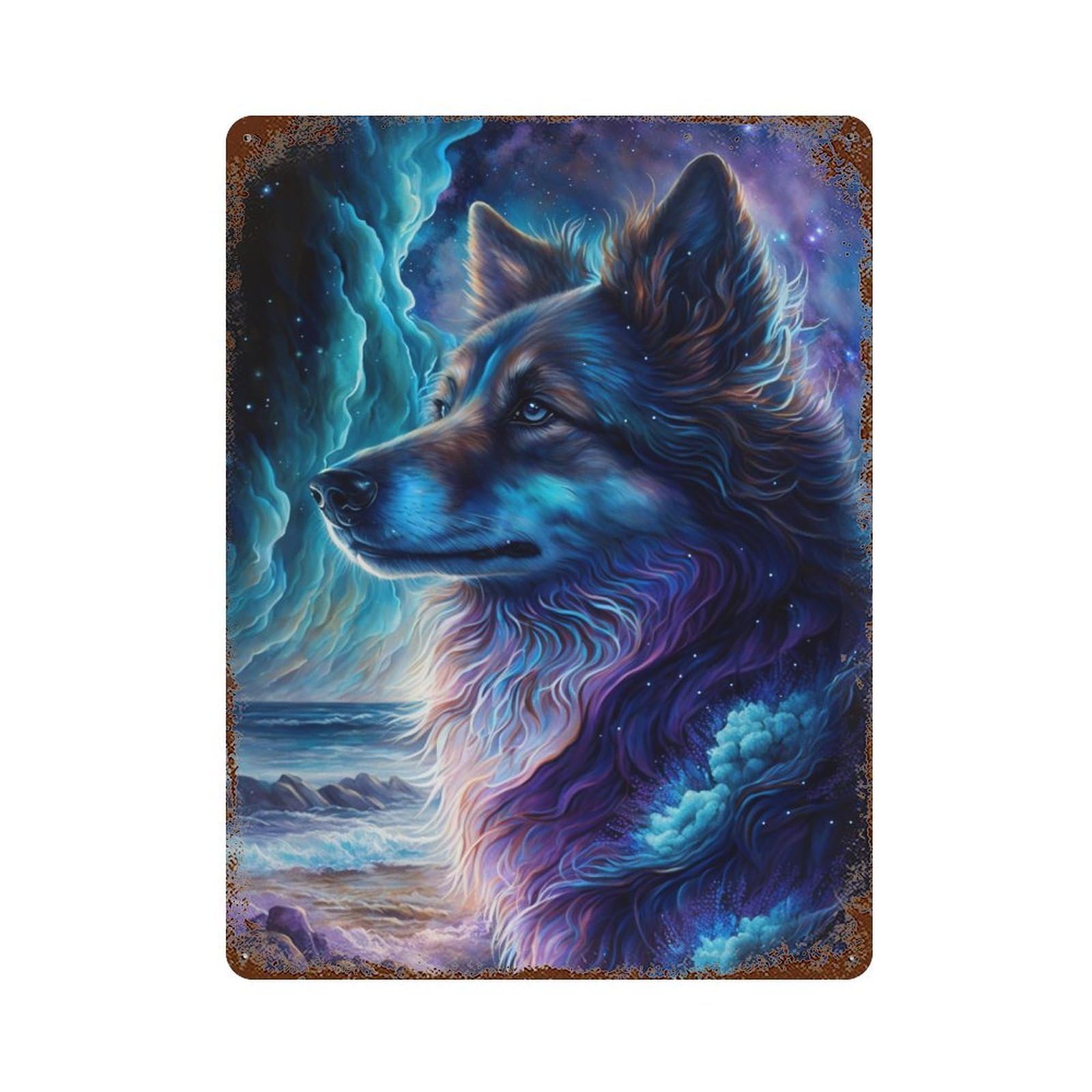 Galactic Wolf Portrait -35 Distressed Metal Wall Sign 15.7"x11.8", Shabby Chic Decor for Garage, Pub Or Kitchen