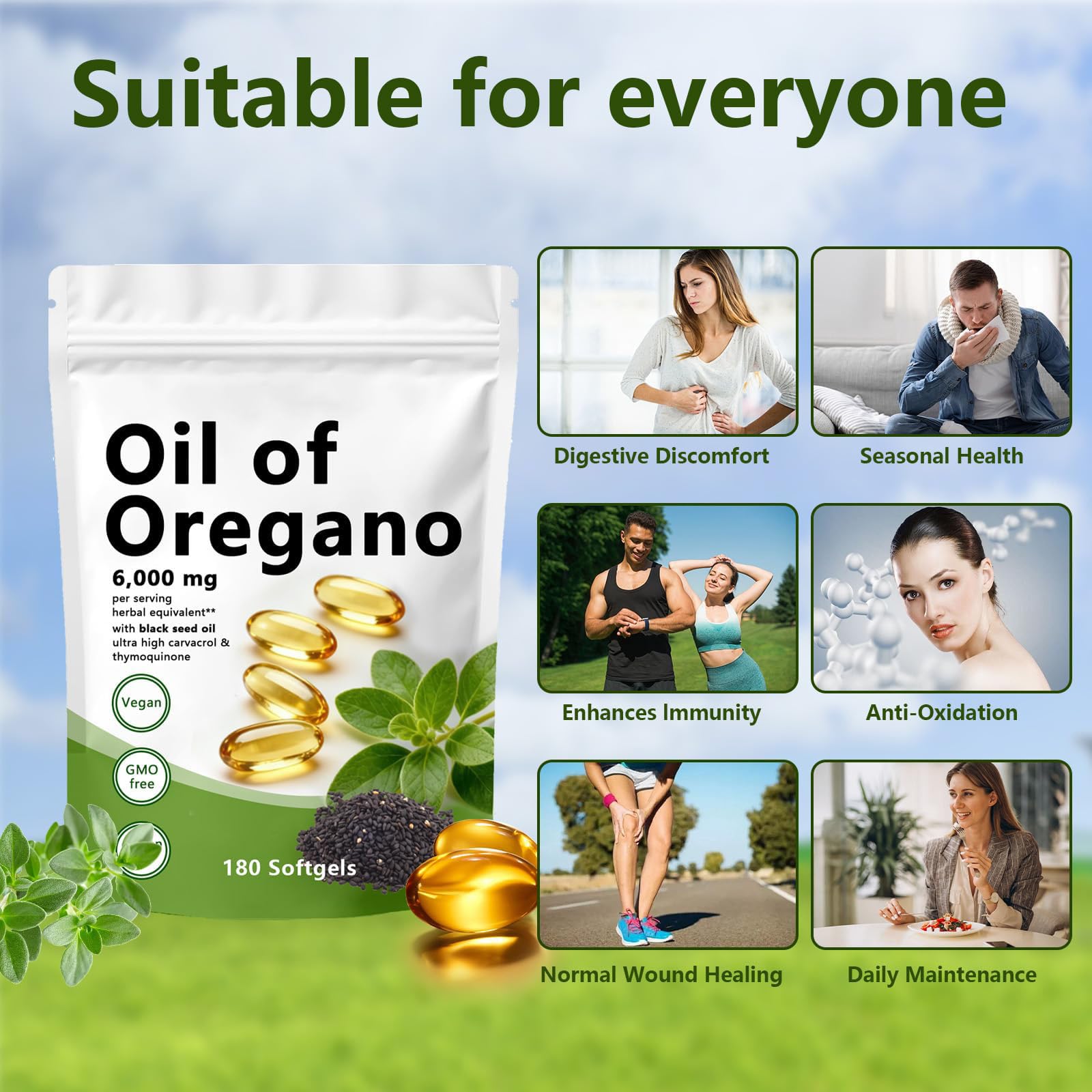 Olio di origano Softgels, 2 in 1 6000 mg olio di origano con oli di semi neri, capsule di integratore di origano, immunità naturale, facile da ingoiare, ricco di nutrienti, esperienza di benessere