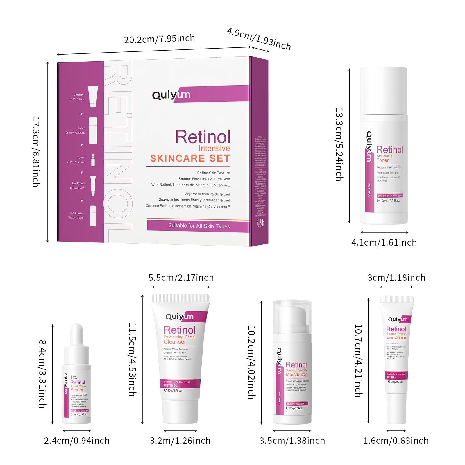 QUIYUM Kit de cuidado facial con retinol para mujer, set skincare | antiedad y antiarrugas de 5 piezas con limpiador, tónico, sérum, crema de ojos e hidratante