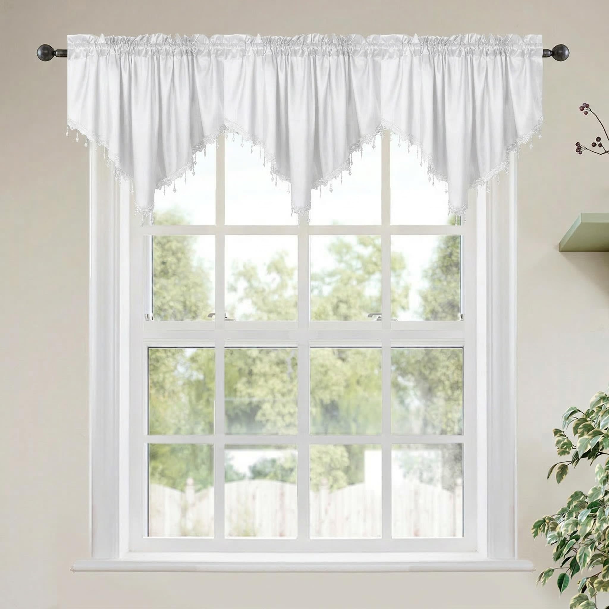 Molaxhome Valance Swag Curtain 51 Inch Scalloped Cloth Curtain Panels with Crystal Beads - Rod Pocket Farmhouse Window Treatment for Kitchen Bedroom 1pc Boho Chic Drape Decor 021White — image 1
