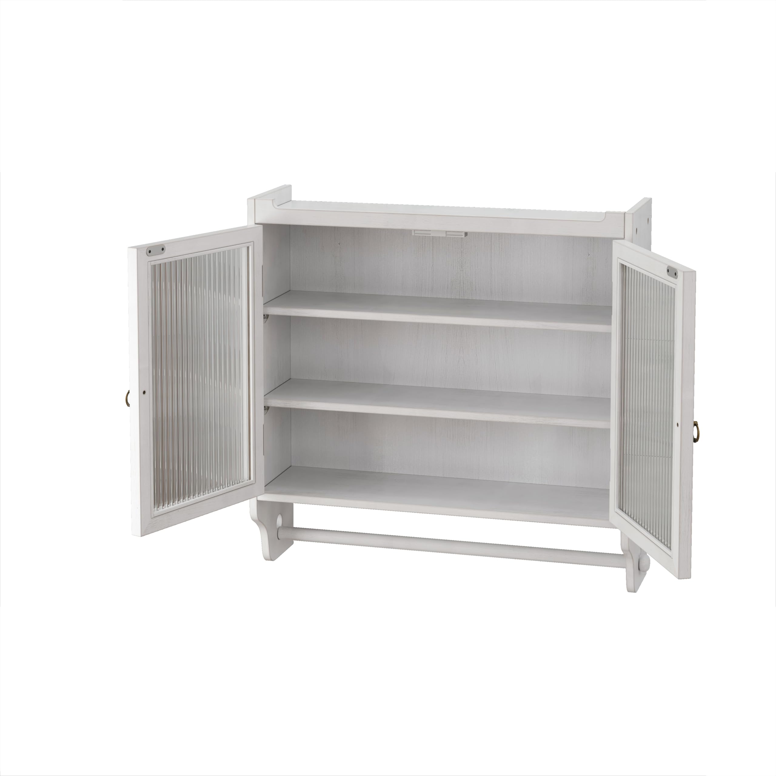 Gabinete de pared vintage de doble puerta de cristal con tres niveles de almacenamiento y estante de toalla, para baño, cocina o sala de comedor, blanco lavado (blanco)