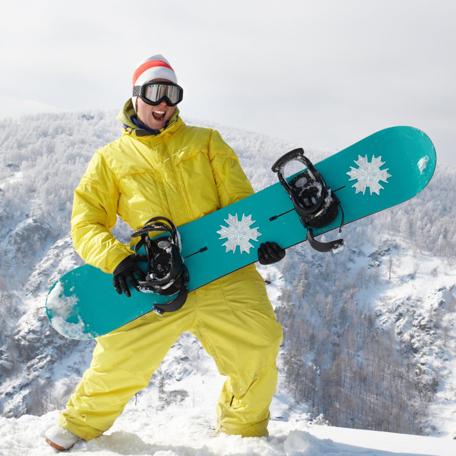 2 Szt. Podkladki Snowboardowe, 3D Przezroczyste Podkladki w Ksztalcie Platka Sniegu Snowboard Przeciwposlizgowe Mata Snowboard Kolce Podkladki Stompowe na Zime Snieg Lód Narty Akcesoria