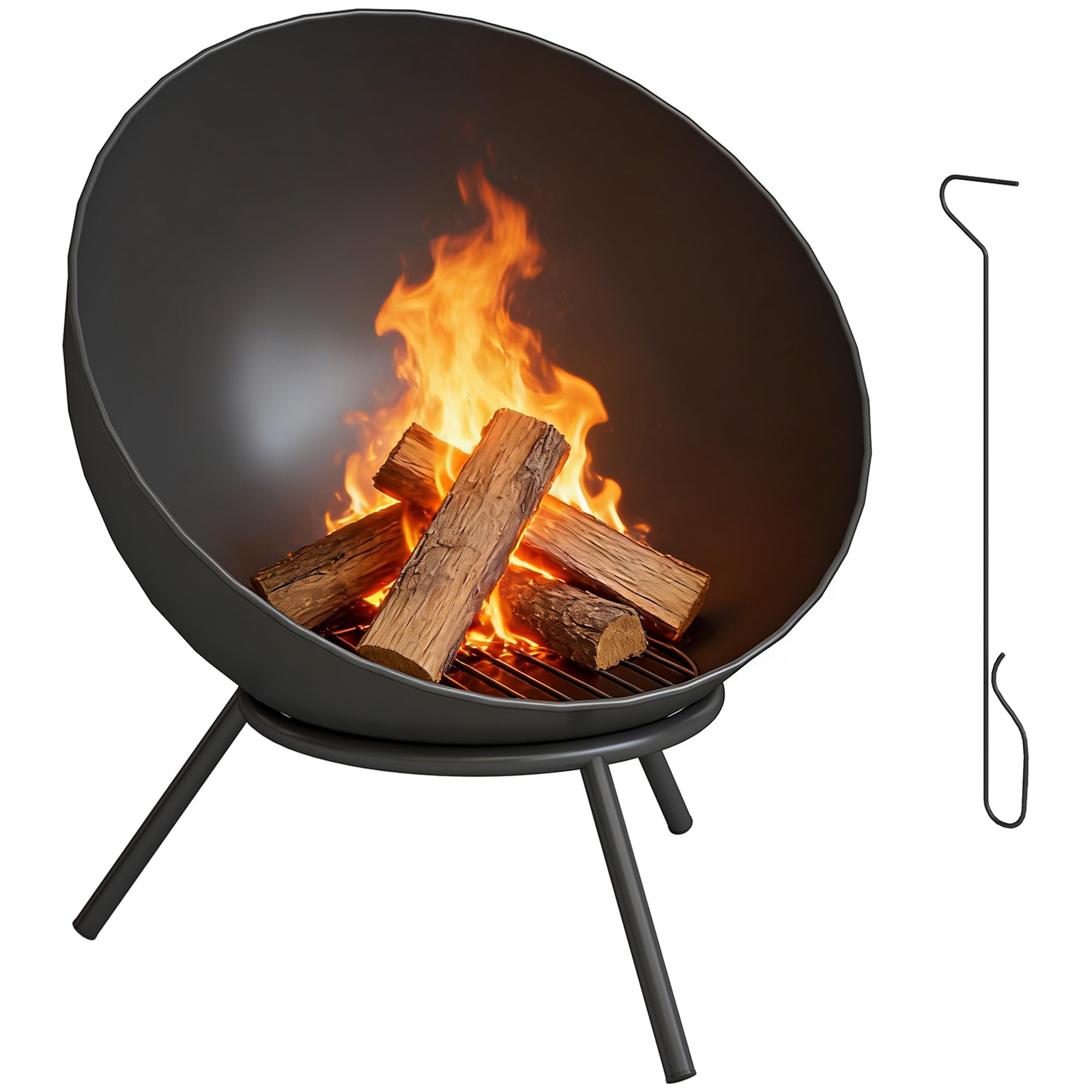 Outsunny Feuerschale 60 x 53 x 66cm Verstellbare Feuerstelle Schwarz | Schürhaken, Kohlegitter, Ständer, Feuerschalen Feuerkorb, für Garten Balkon Terrasse, Outdoor BBQ Camping
