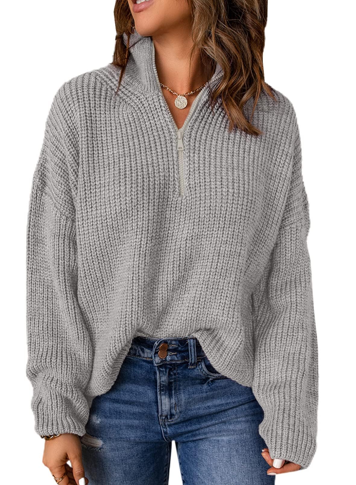 Photo 1 of Addkaka Womens V Neck 1/4 Zip Front Long Sleeve Cable Knit Sweater Top Casual Pullovers Small Grey