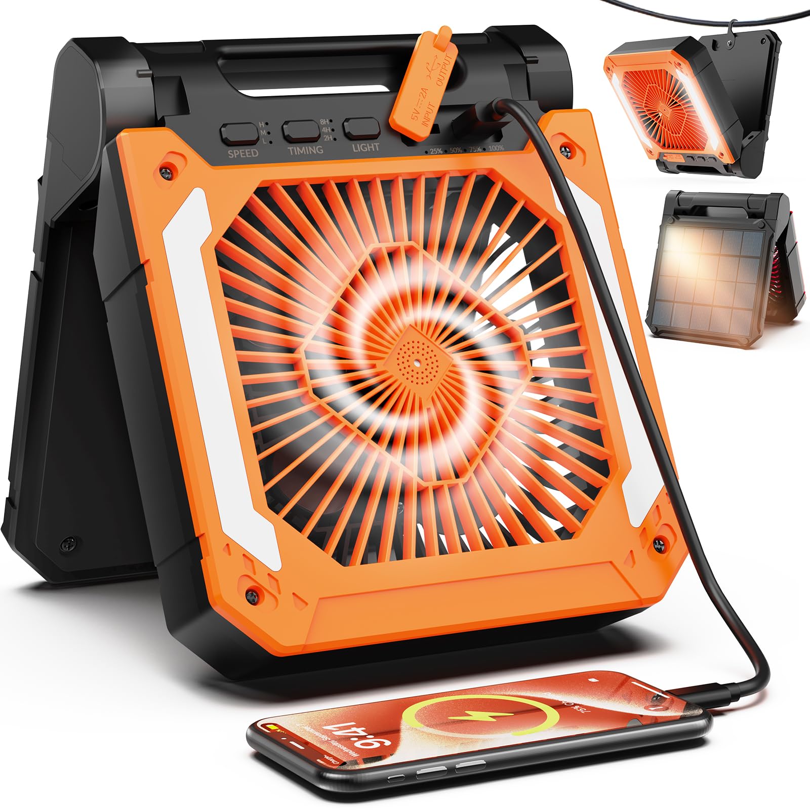 Ventilateur solaire de camping - 20 000 mAh - Rechargeable - USB - Avec lumière LED et crochet - Clip à piles - Pour extérieur, camping, panne de courant, pêche, ouragan
