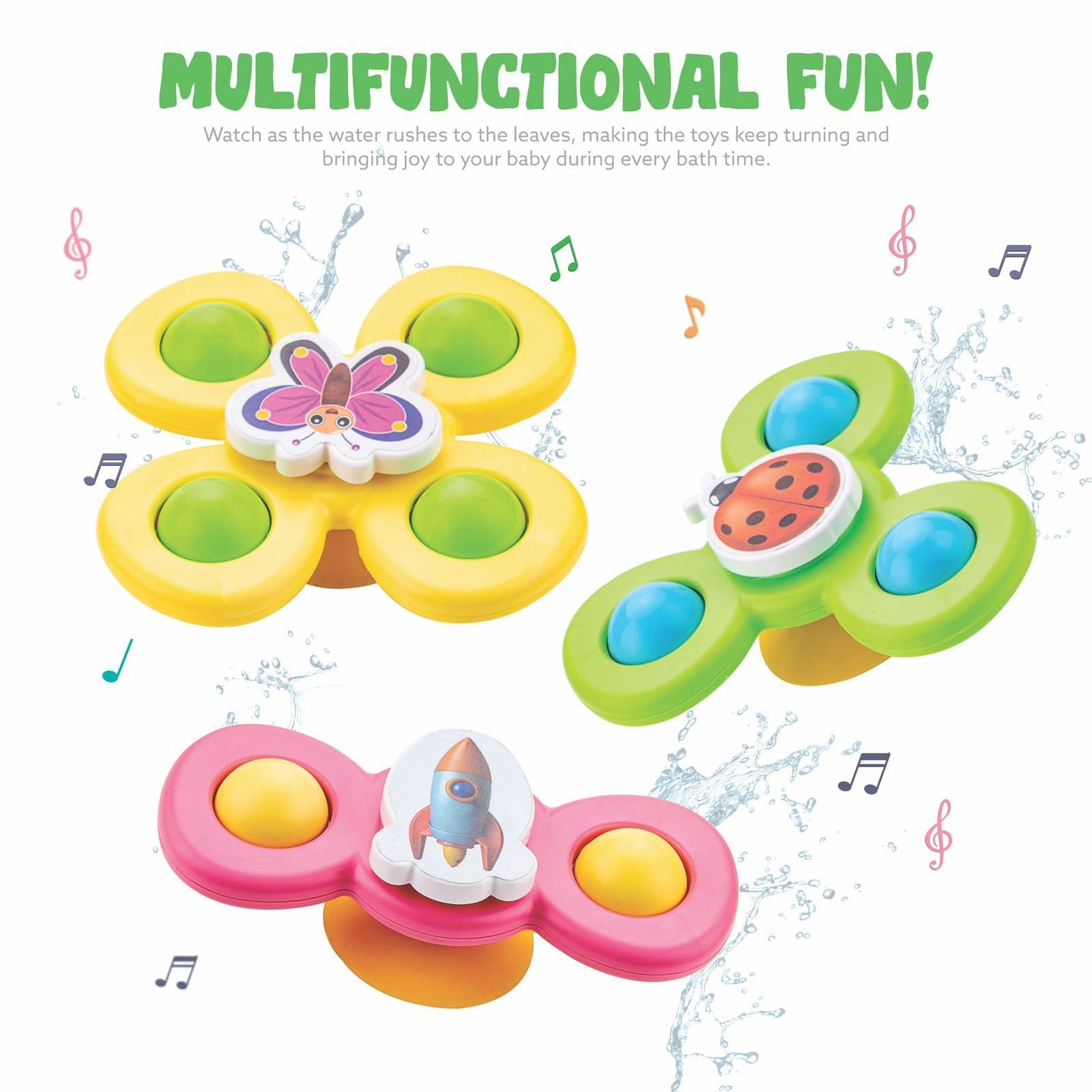 PB Prime Brands Strong Suction Cup Fidget Rotating Sensory Bath Toys for Baby 6 12 18 Months Airplane Car Travel Table & Window Toys for 1 2 Years Old Toddler Boys and Girls (Rocket Rotate Ball) 2