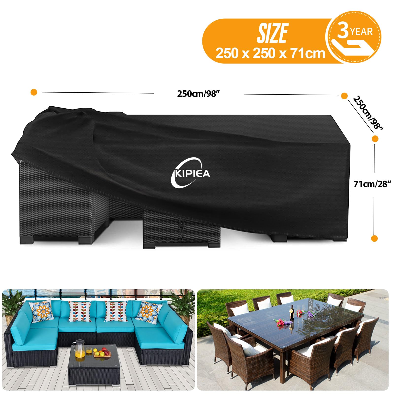 Kipiea Housses Salon de Jardin Exterieur Imperméable, Carré Housses Table de Jardin Coupe-Vent, 420D Tissu Oxford Bache De Protection Salon de Patio Exterieur, Anti-UV- 250x250x71cm