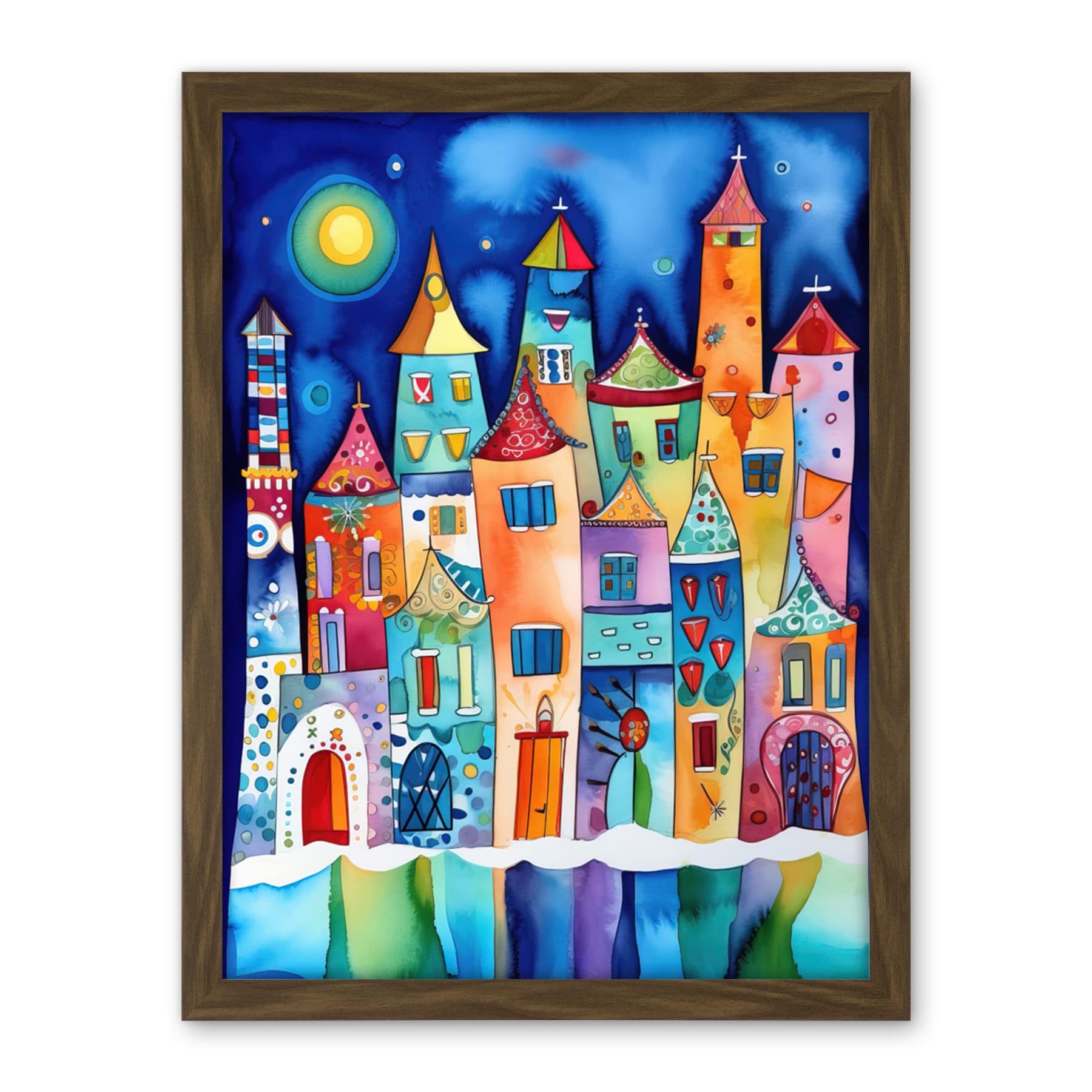 Artery8 Midnight Abstract Town Folk Art Artwork Framed Wall Art Print 18X24 Inch