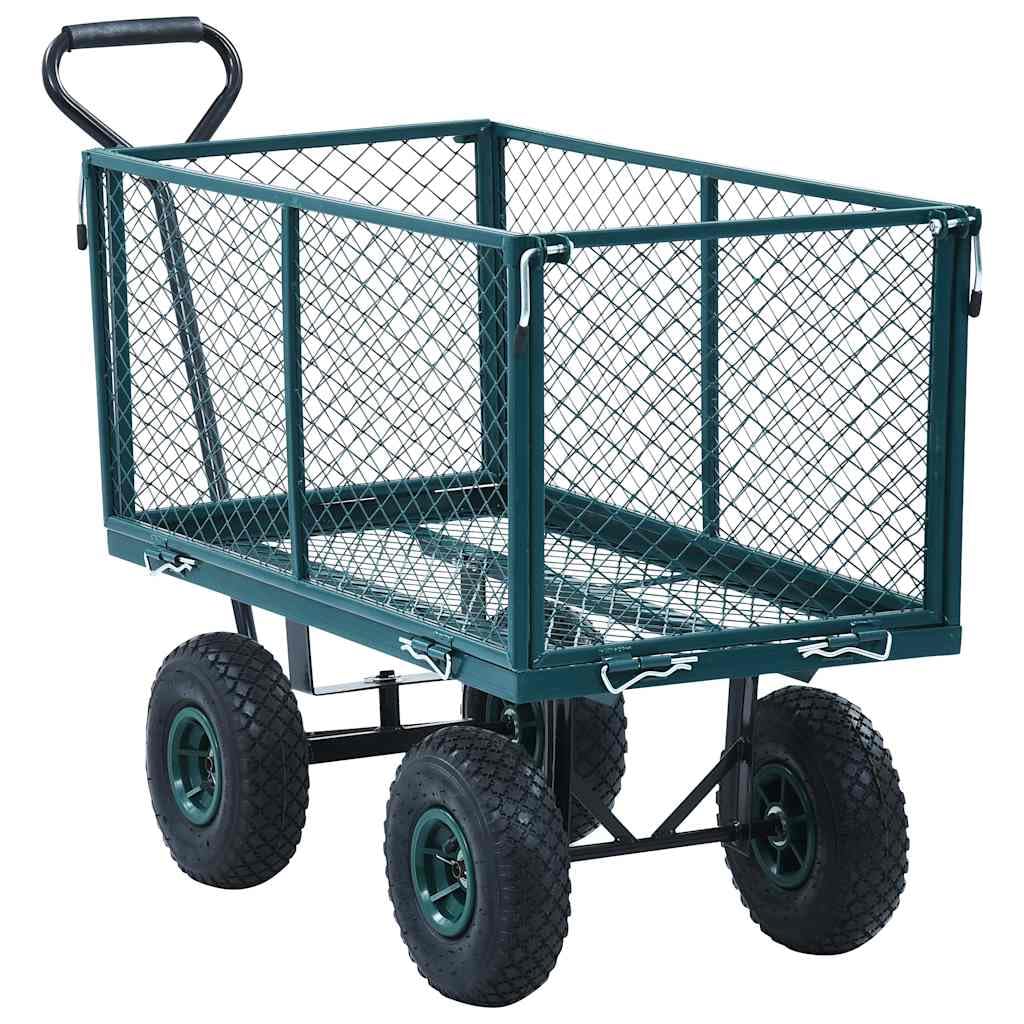 Carrello a mano in acciaio con portata di 350 kg, carrello da giardino verde con pareti laterali pieghevoli e pneumatici ad aria pesanti, maniglia imbottita