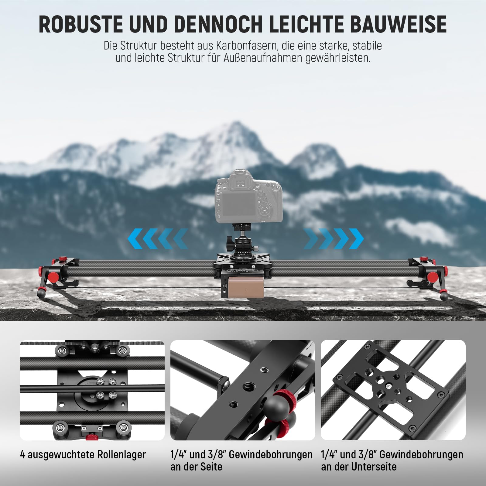 NEEWER 80cm motorisierter Kameraschlitten, DSLR Kohlefaser Dolly Schienenslider mit App Steuerung, 4400mAh F750 Akku für Zeitrafferaufnahmen, unterstützt Videomodus, Ladegerät Nicht enthalten, ER1-80