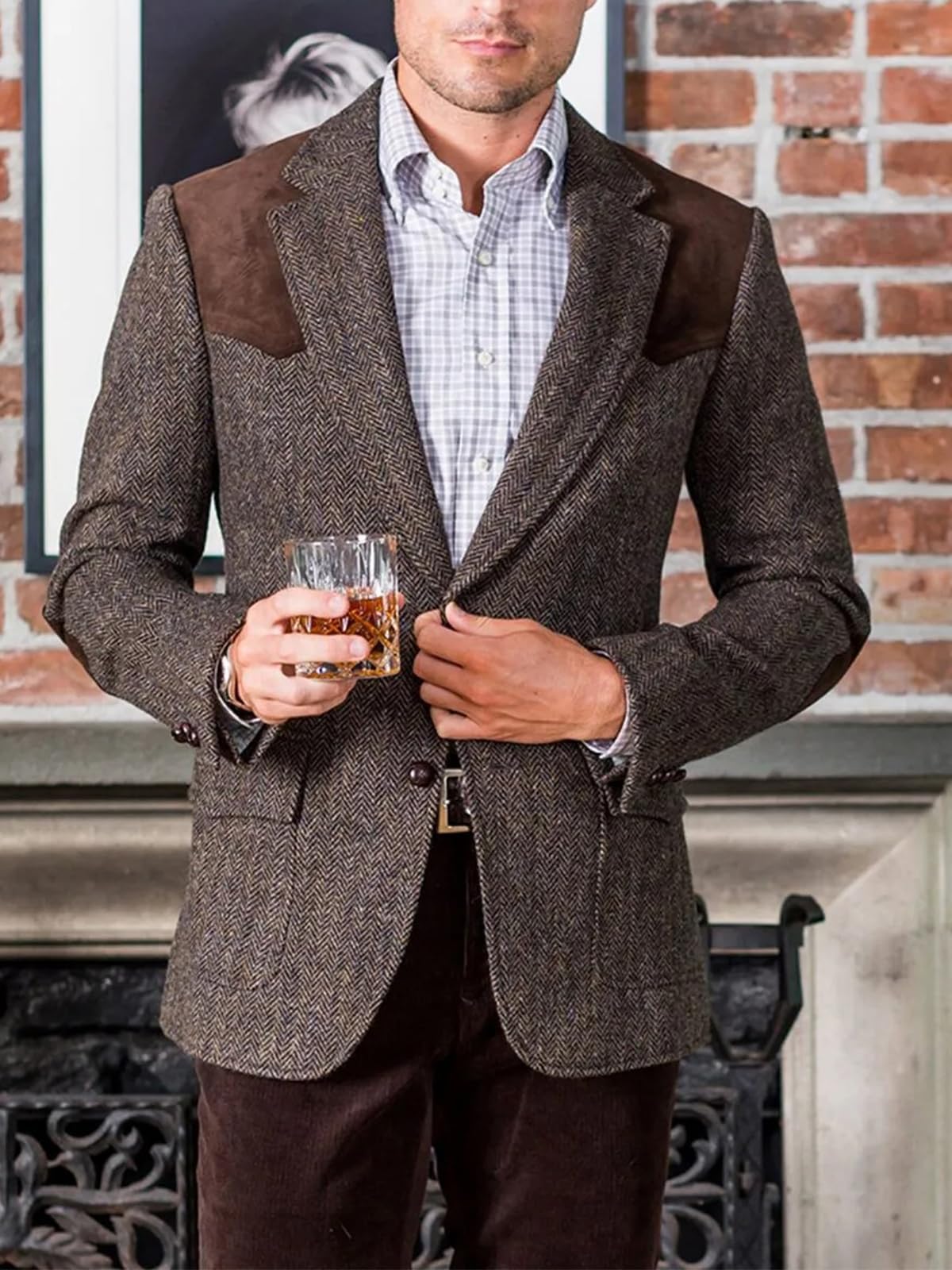 Giacca sportiva da uomo in tweed misto lana a spina di pesce con toppa su spalle e gomiti, stile retrò, casual, slim