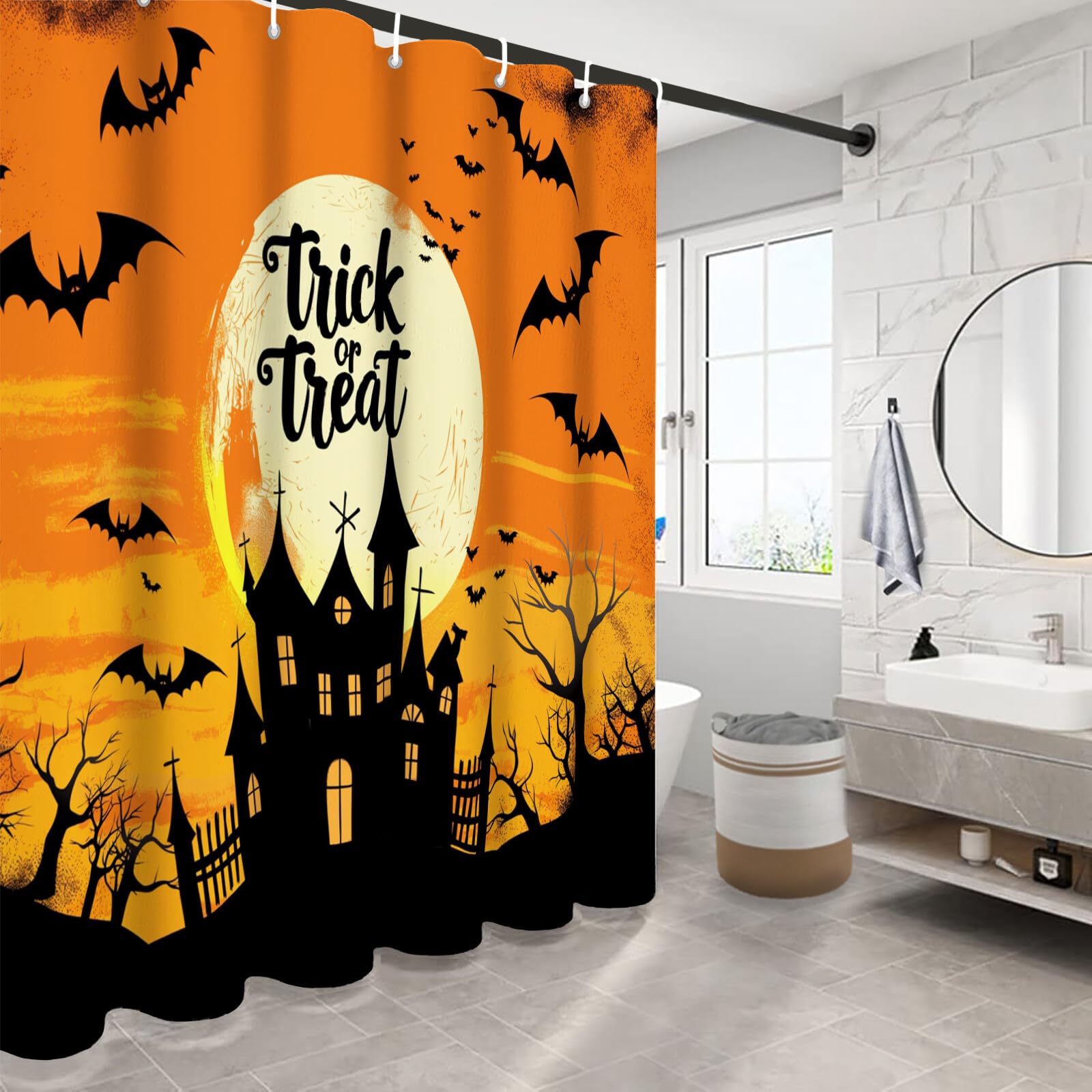 Duschvorhang Halloween Fledermausburg Cartoon-Illustrationen Duschvorhänge H240Xb200Cm | Anti-Schimmel Wasserdicht Polyester Stoff Waschbar Bad Vorhäng Für Badzimmer Mit Haken