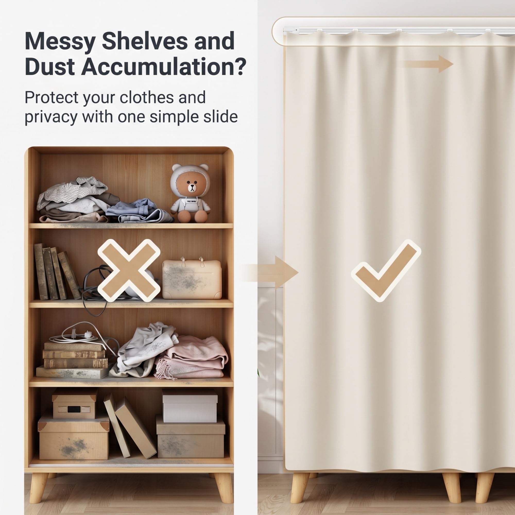 Rideau Placard sans Perçage, Auto-adhésif/Anti-Poussière Rideau Cuisine&sous Evier, Peluche Courte Rideau Occultant Court, Rails Coulissants Cuisine/Salle Bain/Dressing(Gray-a,200 x 150 cm)