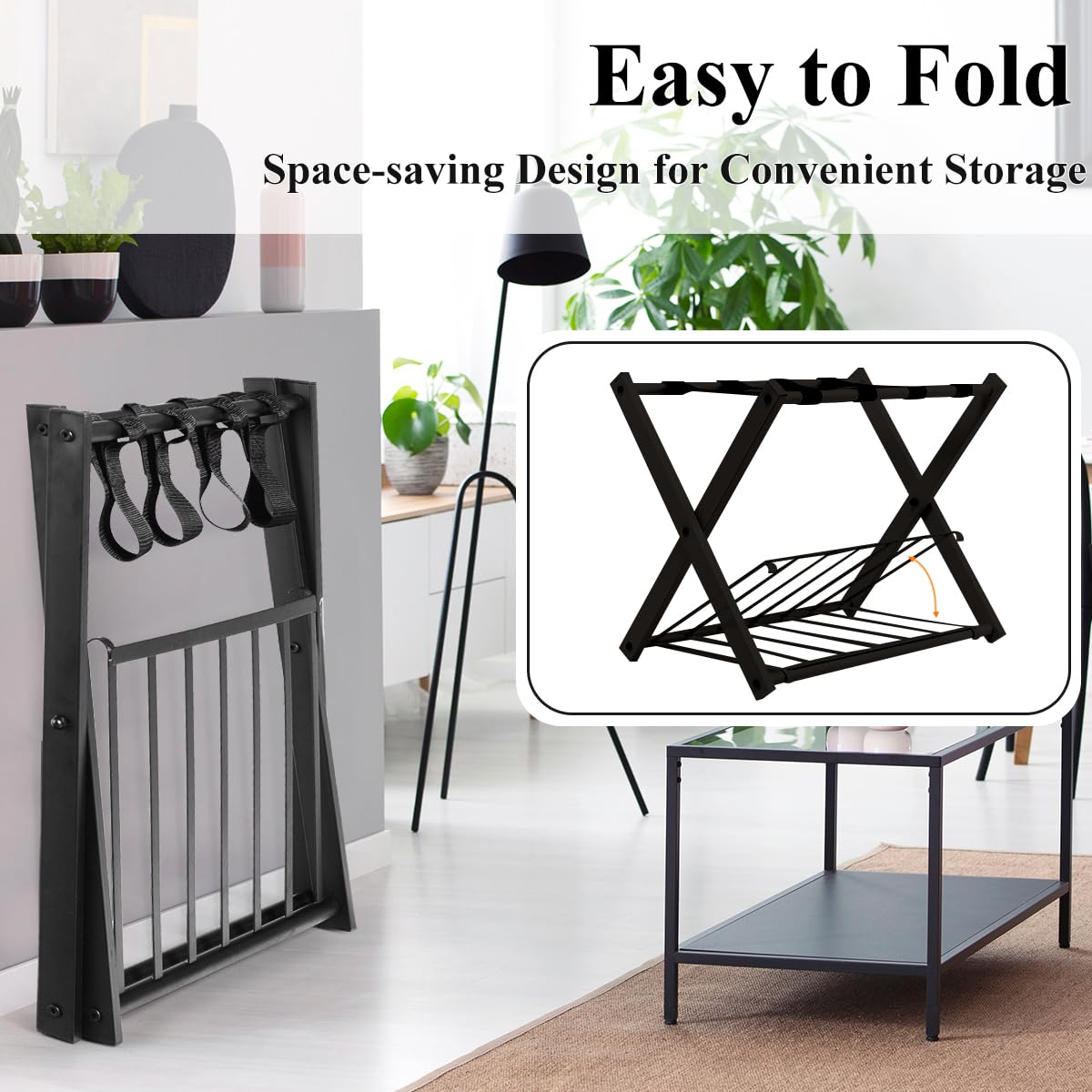 HOMASIS klappbar Kofferständer Kofferablage, 2 Ebenen Kofferhocker, Kofferbock aus Metall, Gepäckablage für Koffer & Schuhe, Kofferhalter für Hotelzimmer Flur & Wohnzimmer, 68x43x56cm (1, Schwarz)