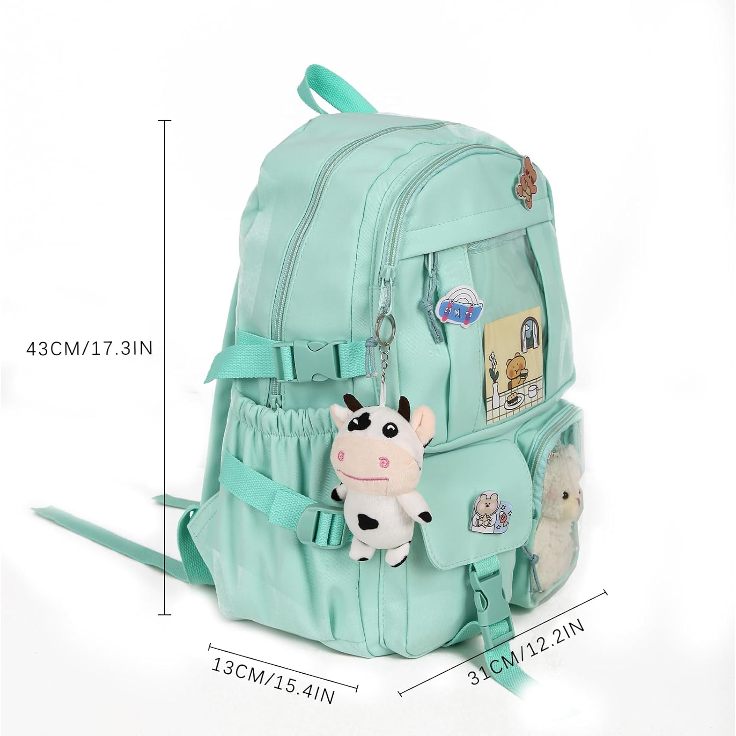 Kawaii Backpack with Cute Bear Plush Kawaii Pin Accessories Large Capacity Aesthetic School Bags Cute Bookbag for Girls Teen (Simple, Green) - Image 7