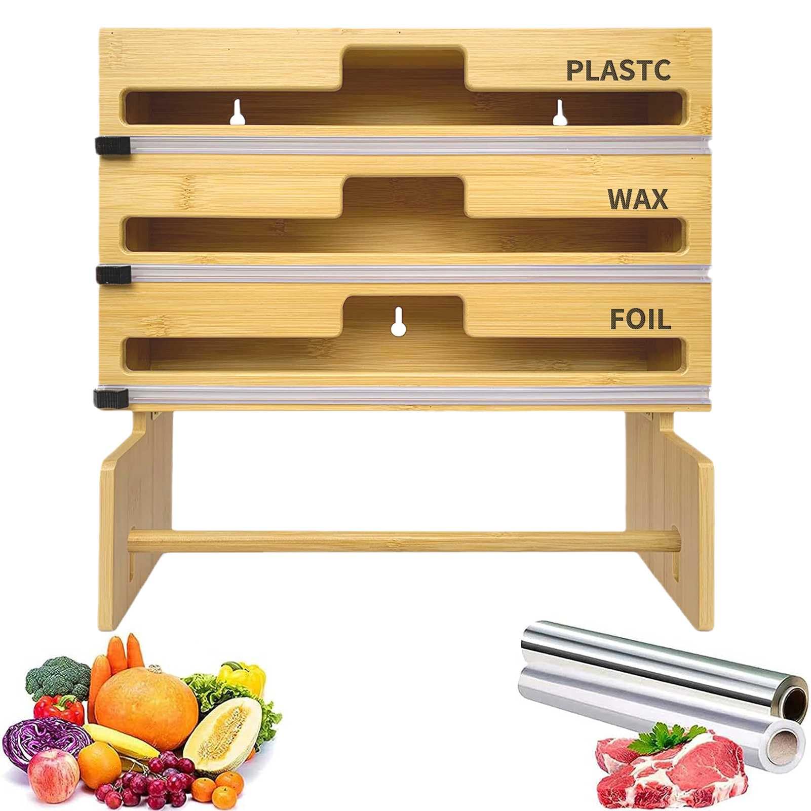 Organizador de papel de cocina con cortador para película adhesiva, papel pergamino y papel de aluminio, ideal para cajones o armarios de pared