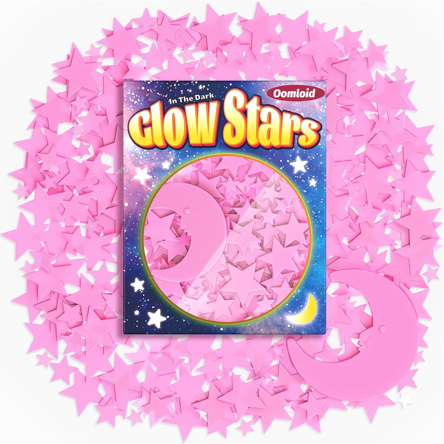 Oomloid 201 Pcs Glow in The Dark Stars Stickers for Ceiling, Toddler Stocking Stuffers Wall Room Decor Gifts, Luminous 3D Glowing Stars Easter Basket Stuffers for Kids Boys Girls - Pink
