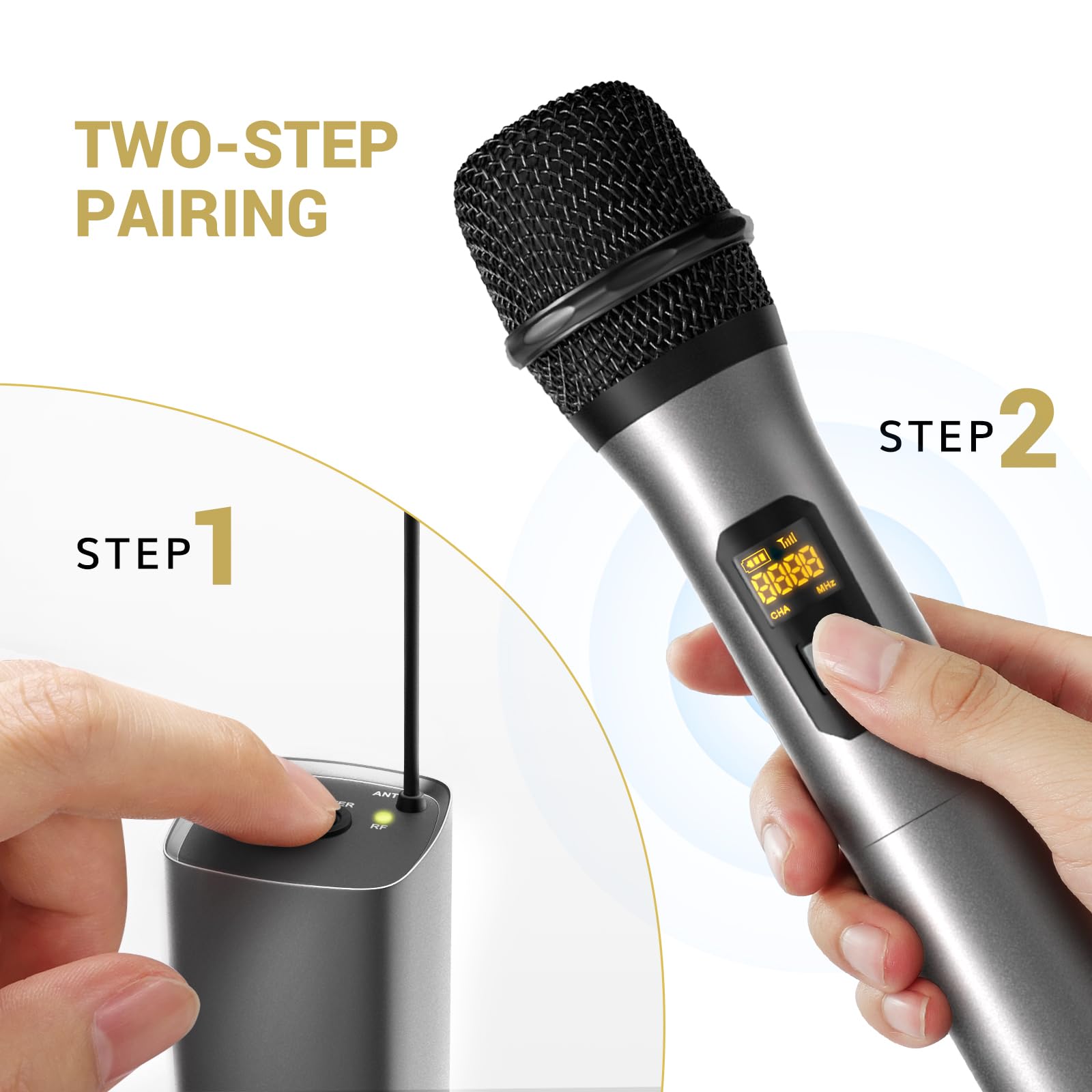 TONOR Microfono Senza Fili, UHF Sistema Wireless Microfonico Portatile in Metallo Cordless con Ricevitore Ricaricabile, Uscita 1/4" per Amplificatore, Macchina da Karaoke, 60m, Argento, TW620