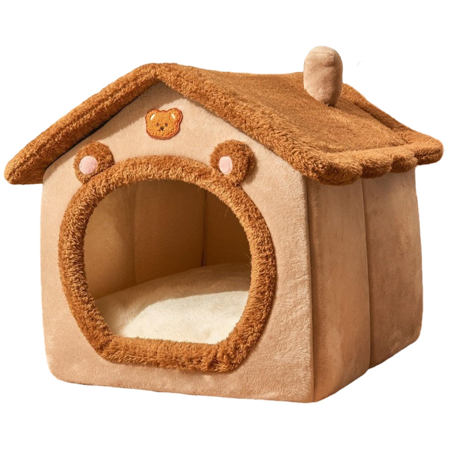 Lit semi-fermé pour chat maison amovible ours doux en peluche chaude