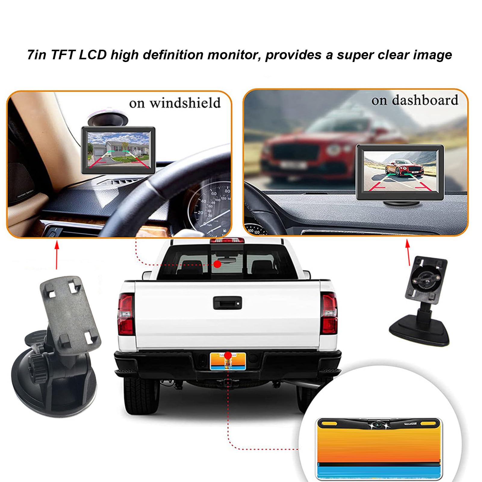 7-calowa kamera cofania z zestawem monitora, szerokokątny system parkowania cofania 170° z noktowizorem 4LED, kabel 6 m do samochodu kempingowego z przyczepą, autobusu, furgonetki (Round Hole Camera)