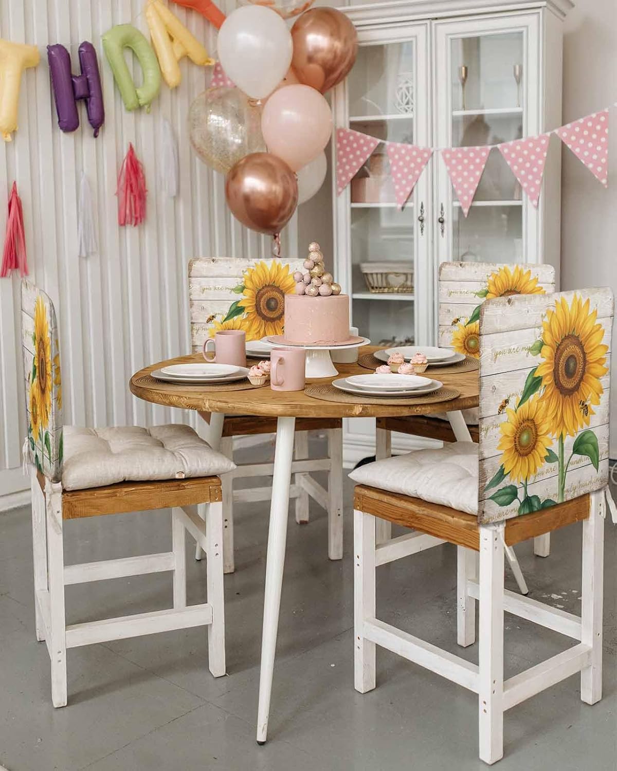 DecorLovee Sunflower Chair Back Cover, Dining Chair Protector Covers, Summer Flower Bee Farmhouse Wooden Striped Chair Covers Removable Chair Slipcovers for Weeding Banquet Party 19"x18", 4 Pack