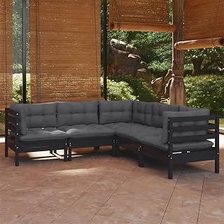 Homgoday Juego de muebles de jardín de 5 piezas, muebles de jardín, sofá de jardín, conjunto de asientos, muebles de balcón con cojín, muebles de jardín, muebles de jardín, color negro, madera maciza