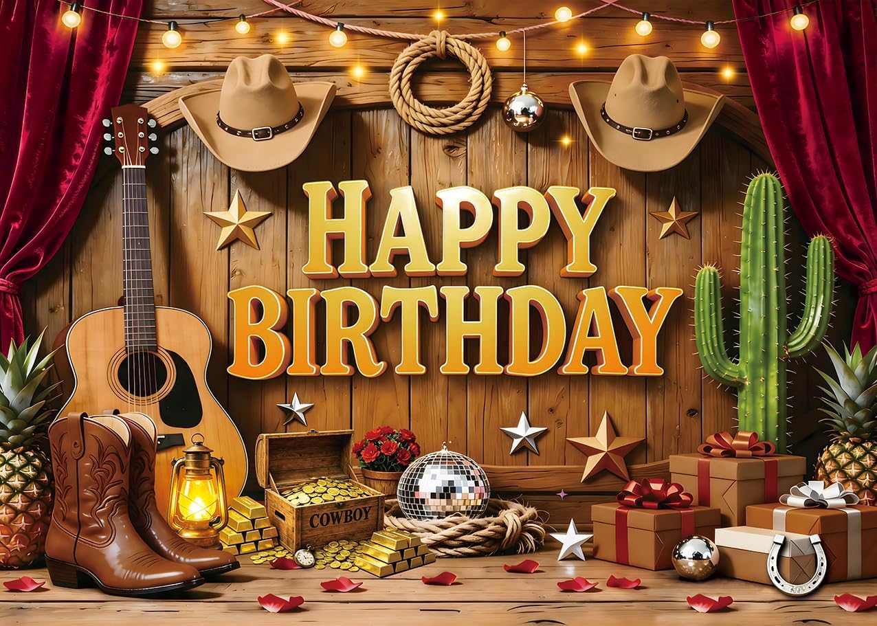 Western Cowboy Happy Birthday Backdrop 6x4FT Rustic Wood Wild West Rodeo Photography Background for Kids Adults Birthday Party Decorations Photo Props
