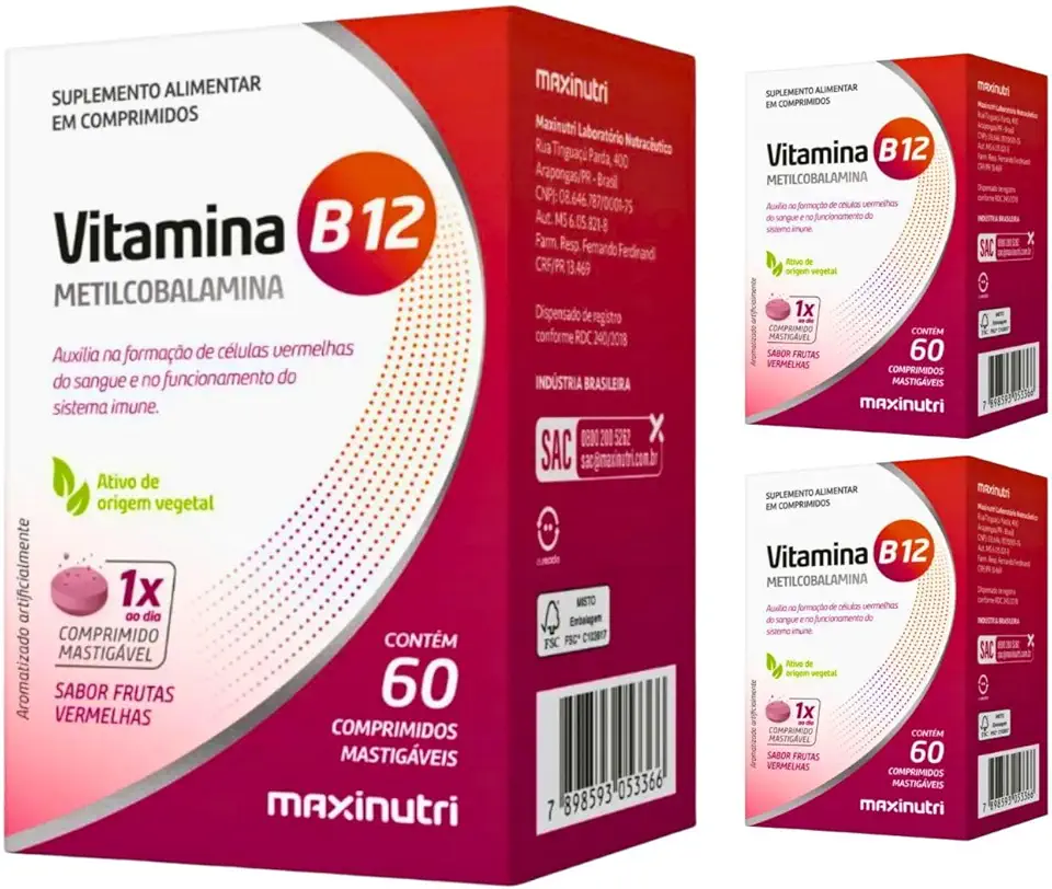 Kit 3 Vitamina B12 Metilcobalamina 60 Capsulas Mastigaveis Maxinutri