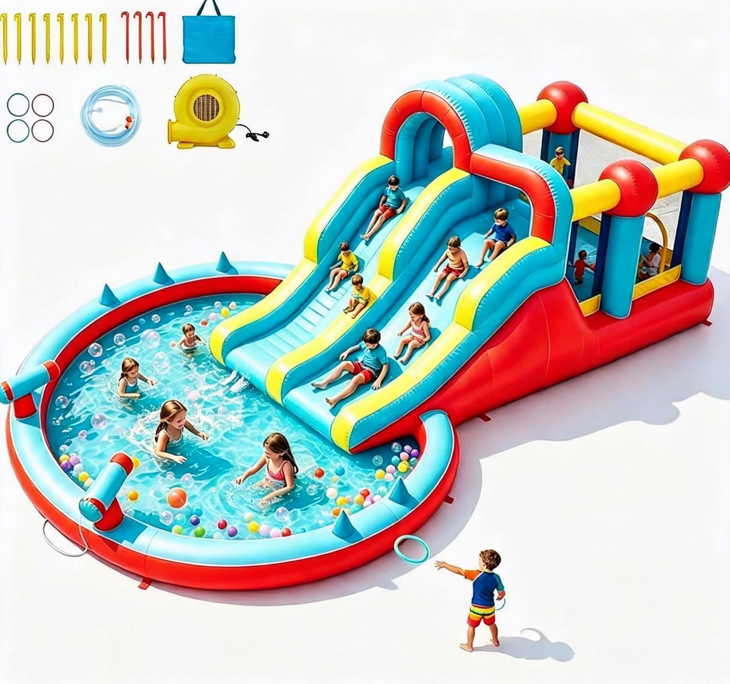 Hüpfburg mit Wasserrutsche, Hüpfburg XXL mit Gebläse, Hüpfburg Outdoor Springen,Wasserpistole,Splash Pool, Rutsche Outdoor, Children's Bouncy Castle for Indoor or Spiele Gartenspiele, Garten Spielzeug