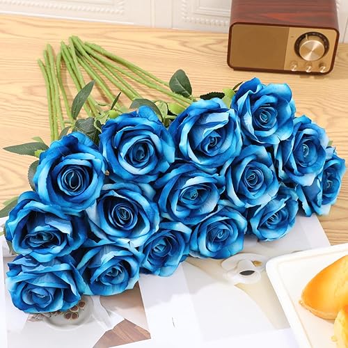 Miniatura 2 de Cloudecor 15 rosas azules artificiales de terciopelo de tallo largo para decoración del hogar y boda (rosas redondas, azul degradado)
