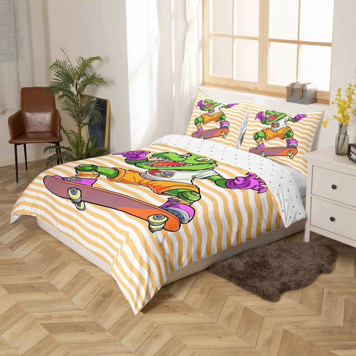 jejeloiu Cartoon Crocodile Duvet Cover Boys Girls Toddler Size Streak Print Bedding Set Ultra Soft Cartoon Animals Comforter Cover Set Cartoon Wild Animals Bedspread Cover Room Decor,No Comforter