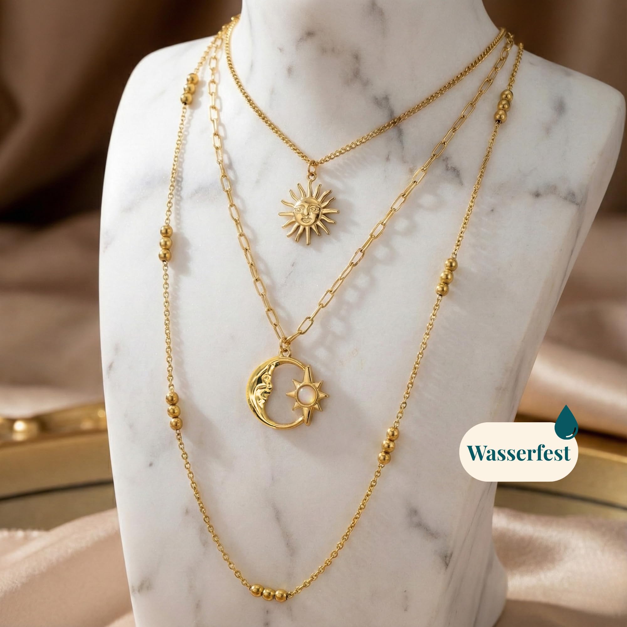 Halskette Damen Triple Gold & Silber aus Edelstahl – 3-Reihig Wasserfest & Verstellbar (Ein Verschluss) – Schmuck Geschenk für Frauen & Freundin – Freigeist-Kollektion